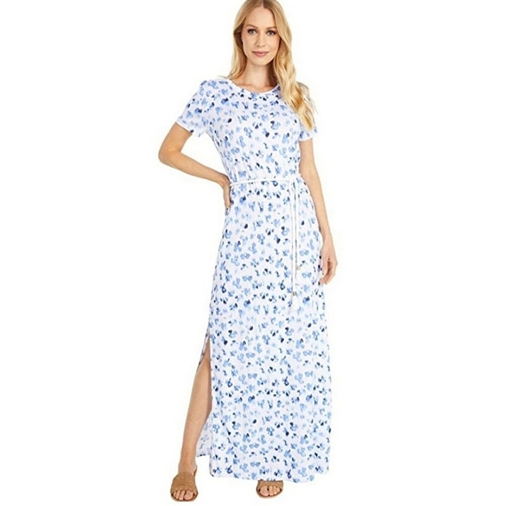 NWT Michael Kors Abstract Floral Maxi Belted Dress Blue White Size SP